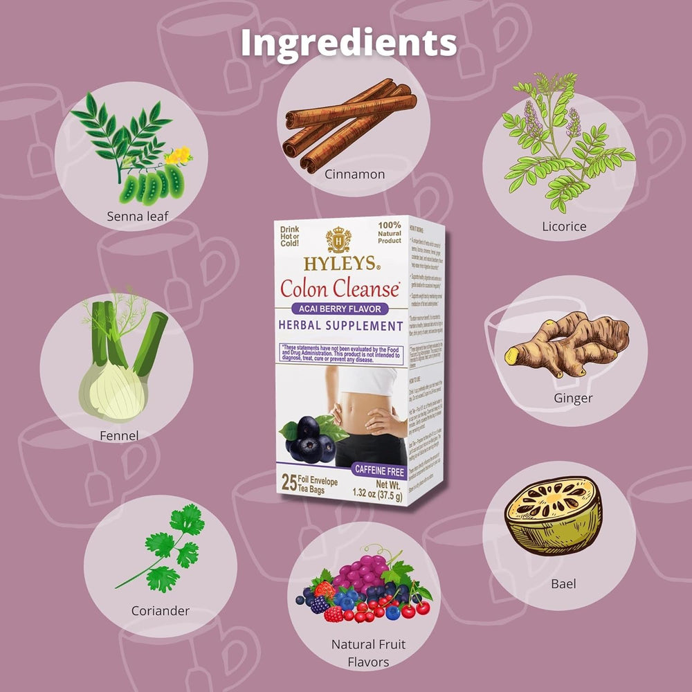 Hyleys Colon Cleanse Tea Acai Berry tea bags ready for daily wellness and digestion