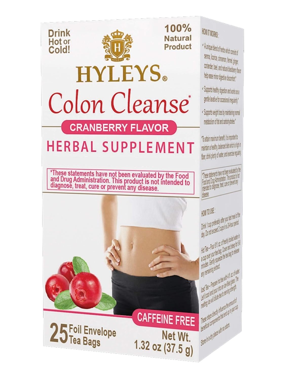 Hyleys Colon Cleanse Cranberry tea bags front view for gentle digestion support