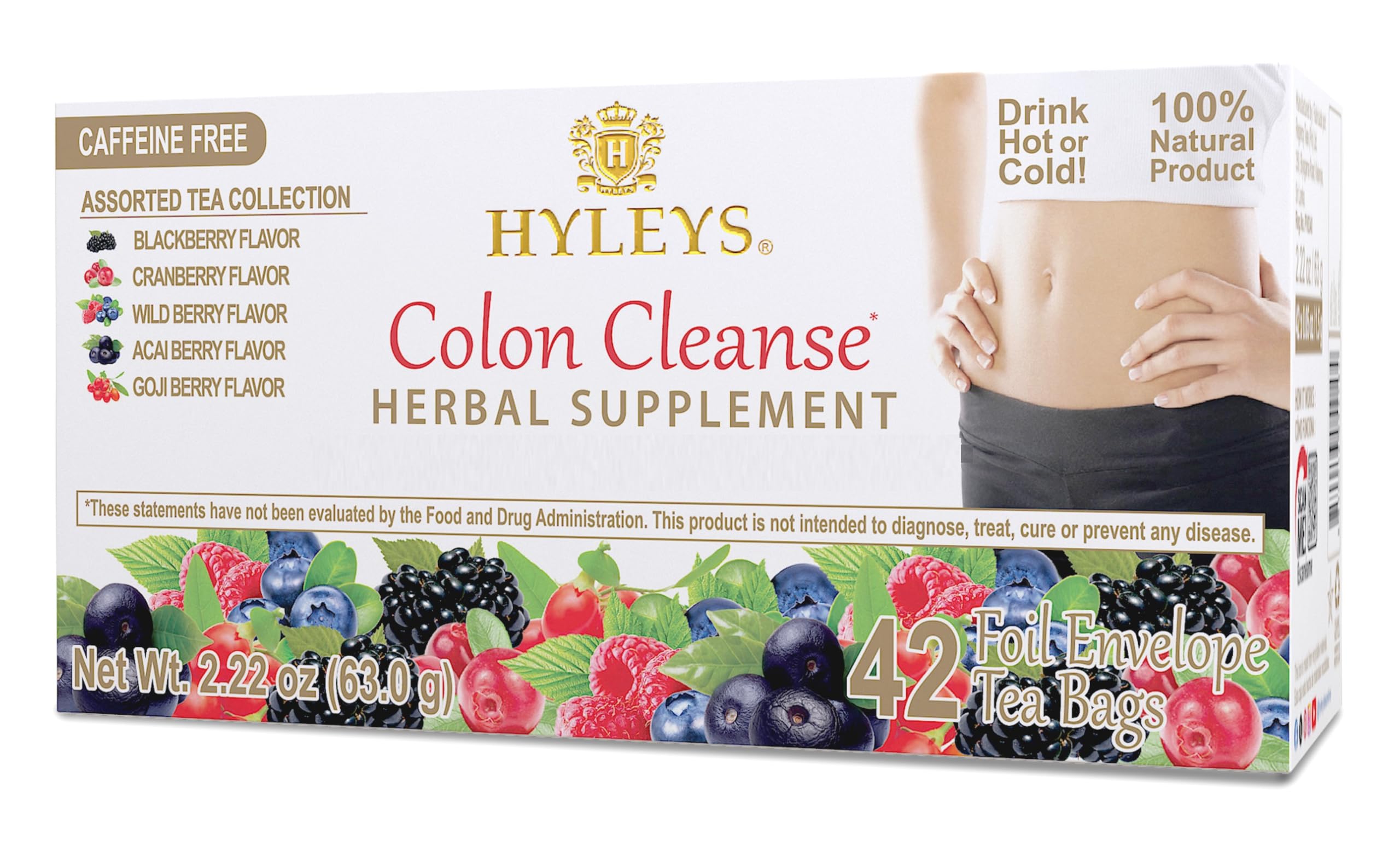 Hyleys Colon Cleanse Tea front label showing assorted flavors for gentle digestion.