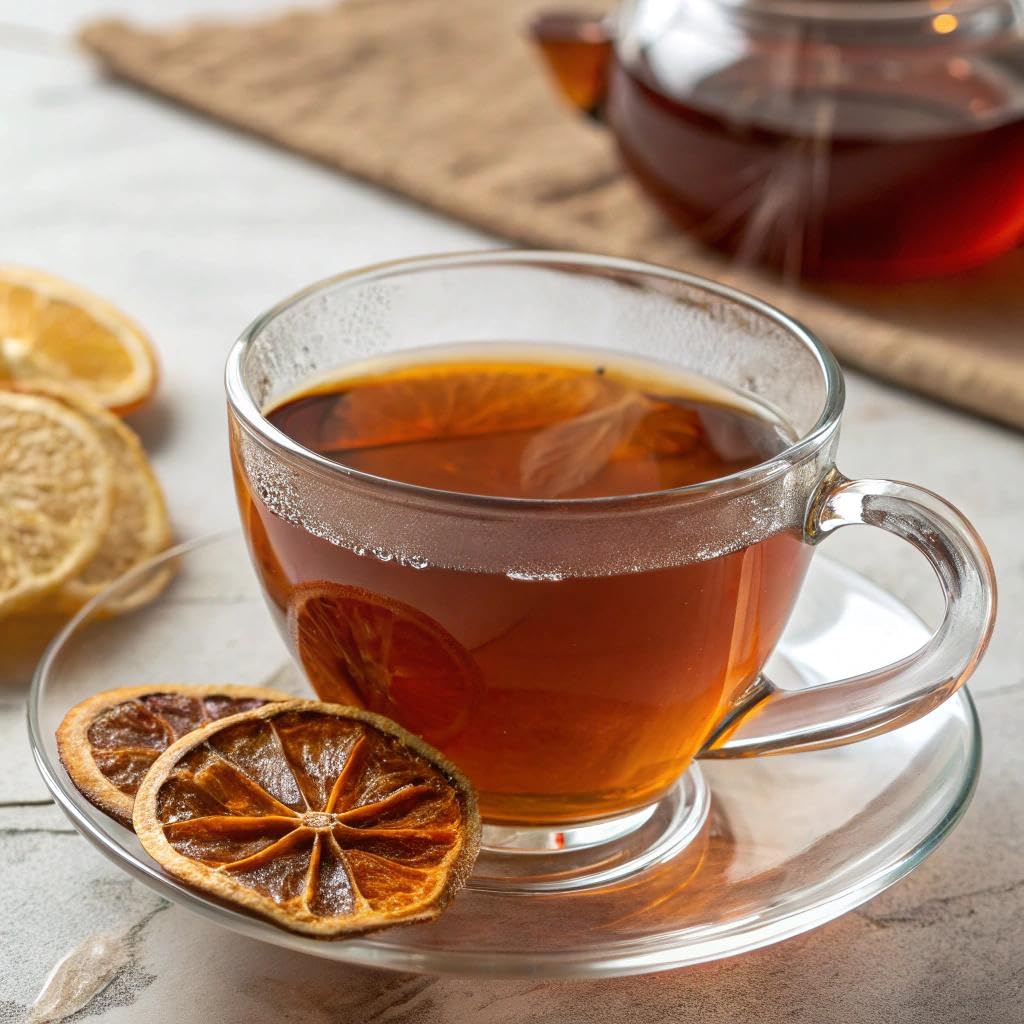Hyleys Colon Cleanse Tea glass with morning aroma closeup.