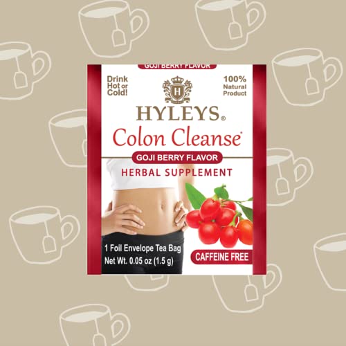 Brewing a cup of Hyleys Colon Cleanse Tea Goji Berry in a cozy kitchen.
