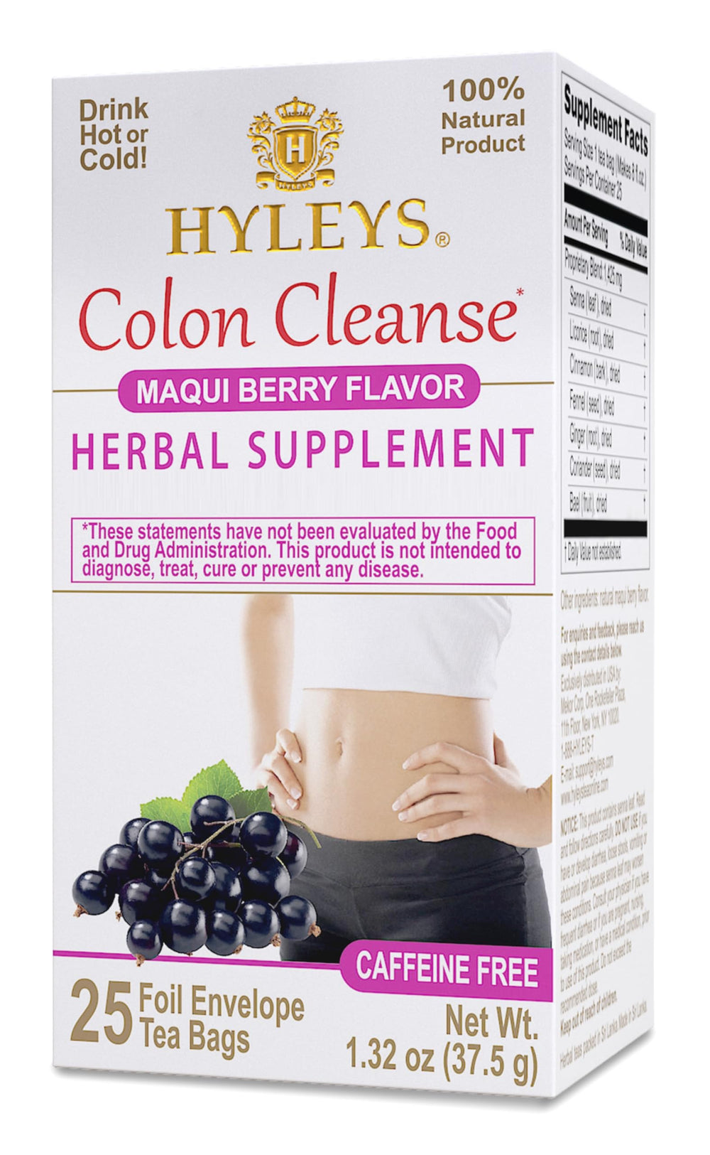 Hyleys Colon Cleanse Maqui Berry front label highlighting caffeine-free gut support