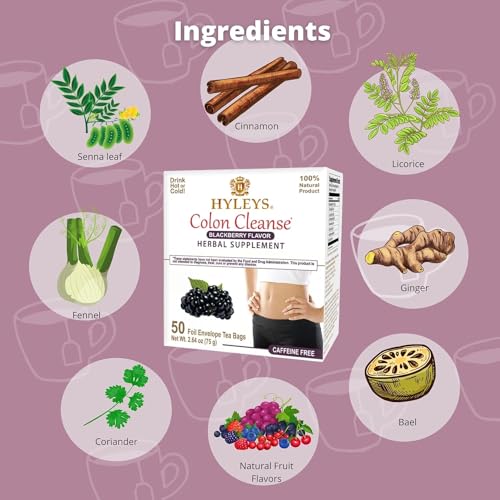 Hyleys Colon Cleanse Tea packaging back describing caffeine-free benefits.