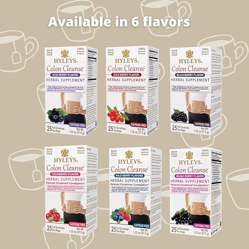Hyleys Colon Cleanse Wild Berries pack display shows 25 tea bags for daily use.