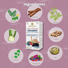 Hyleys Colon Cleanse Wild Berries packaging highlights 25 tea bags for daily wellness.