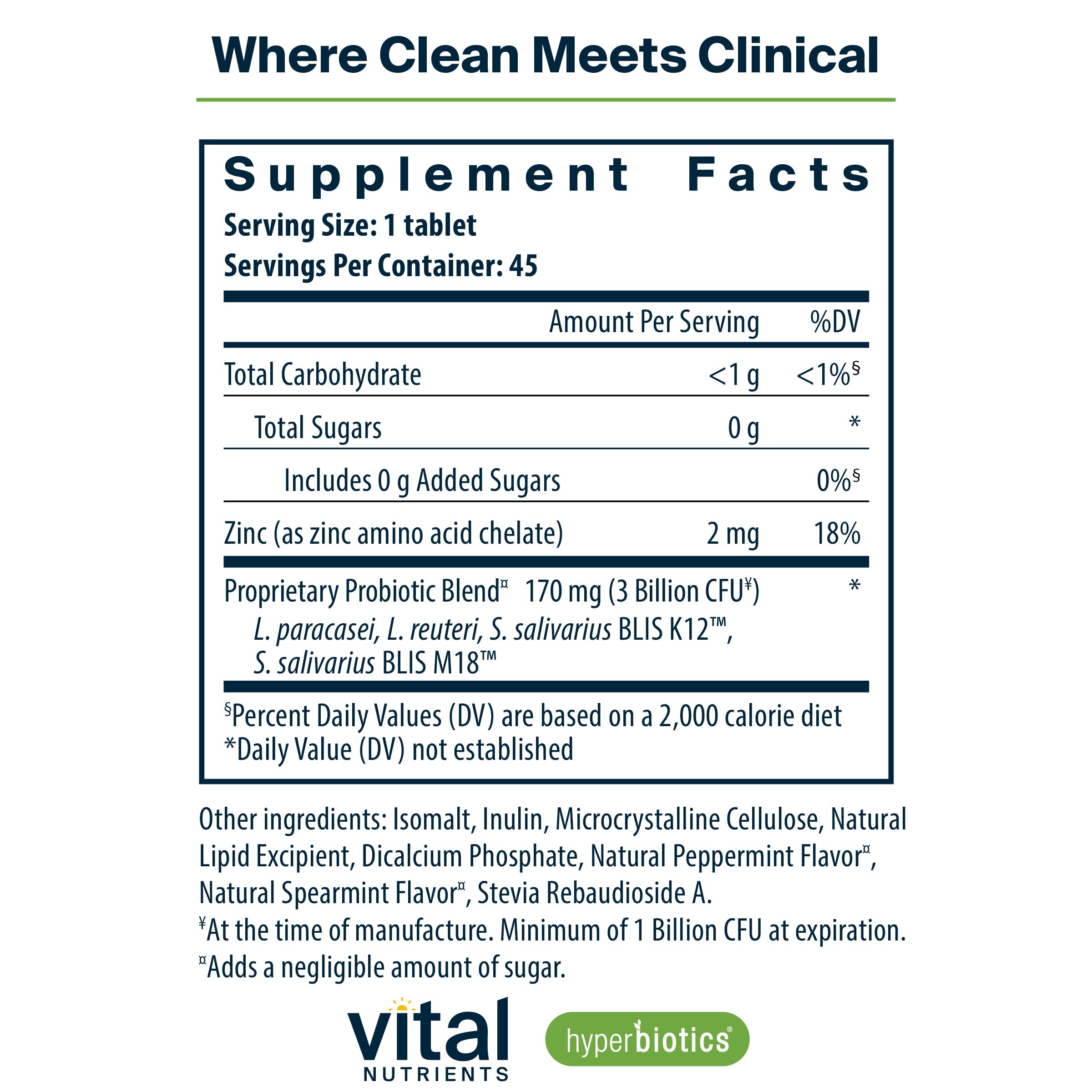 Hyperbiotics Pro Dental bottle label showing BLIS K12 and M18 for oral health.