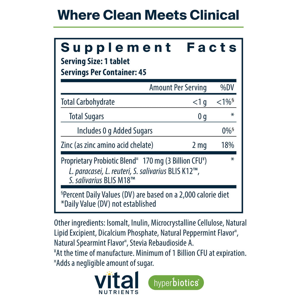 Hyperbiotics Pro Dental bottle label showing BLIS K12 and M18 for oral health.
