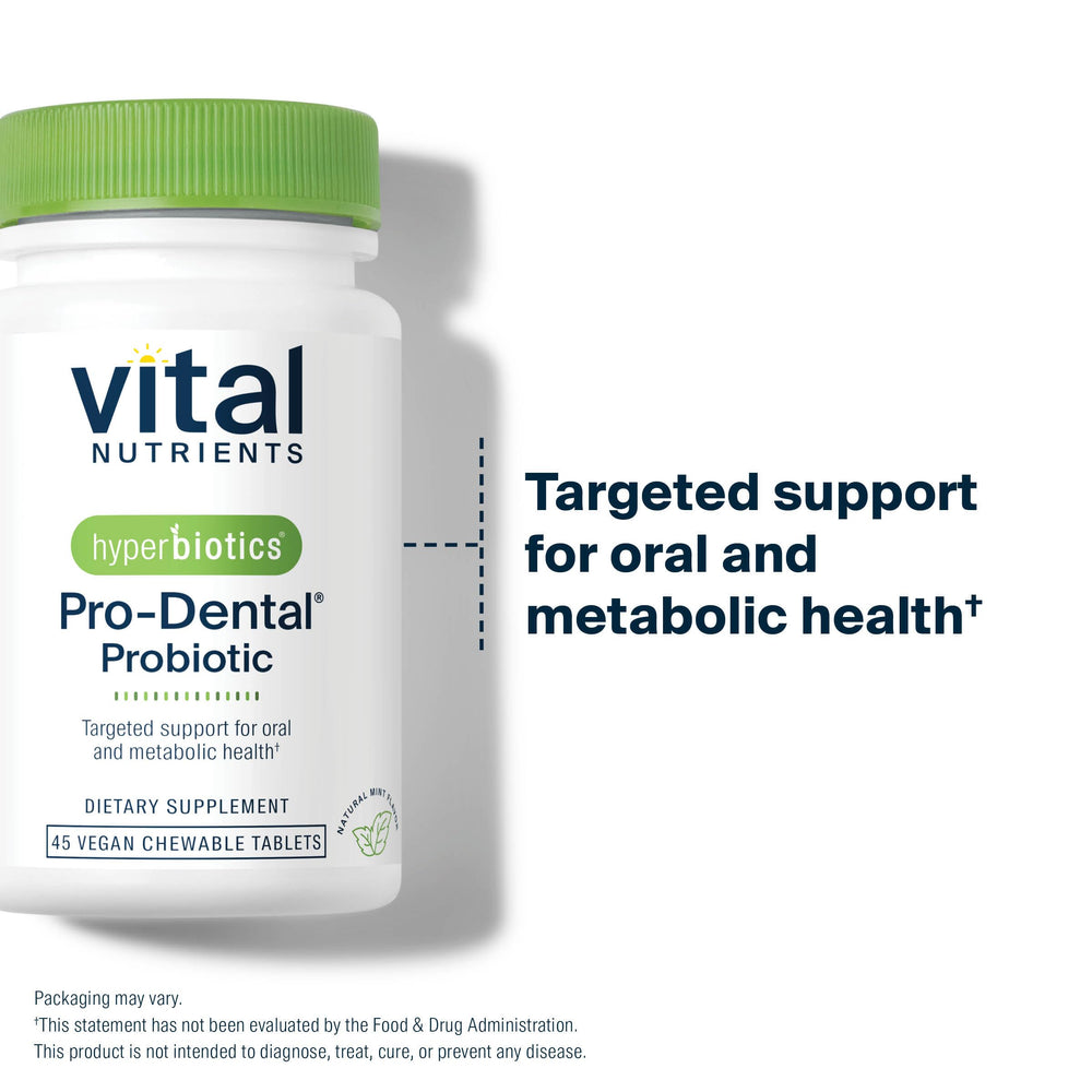 Hyperbiotics Pro Dental tablet in hand demonstrating easy one-per-day use.