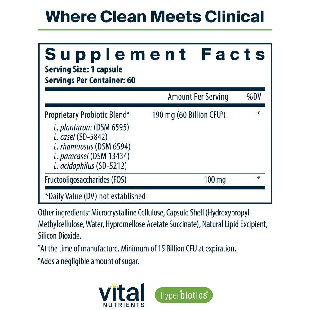 Hyperbiotics Vital Nutrients capsules closeup showing acid-resistant design for deeper gut delivery.