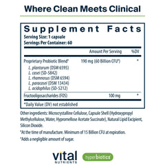Hyperbiotics Vital Nutrients capsules closeup showing acid-resistant design for deeper gut delivery.