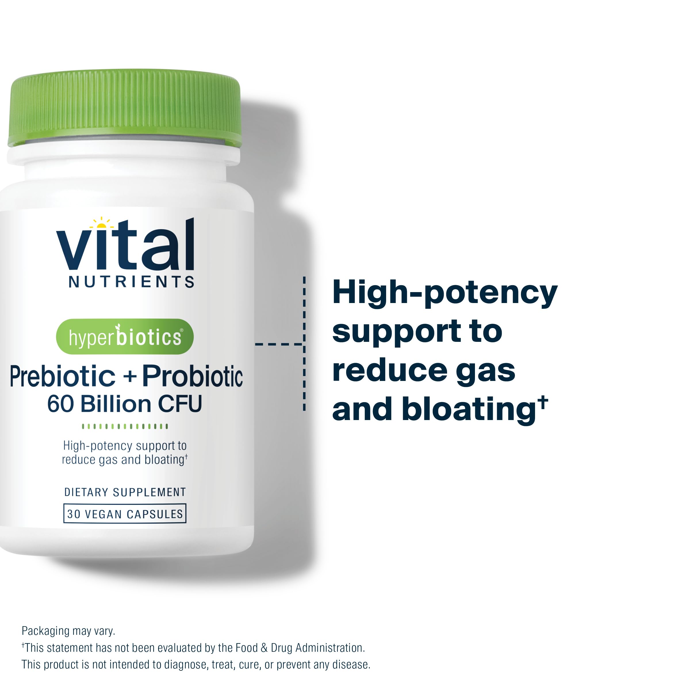 Hyperbiotics Vital Nutrients capsules arranged with label highlighting five probiotic strains