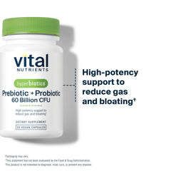 Hyperbiotics Vital Nutrients capsules arranged with label highlighting five probiotic strains