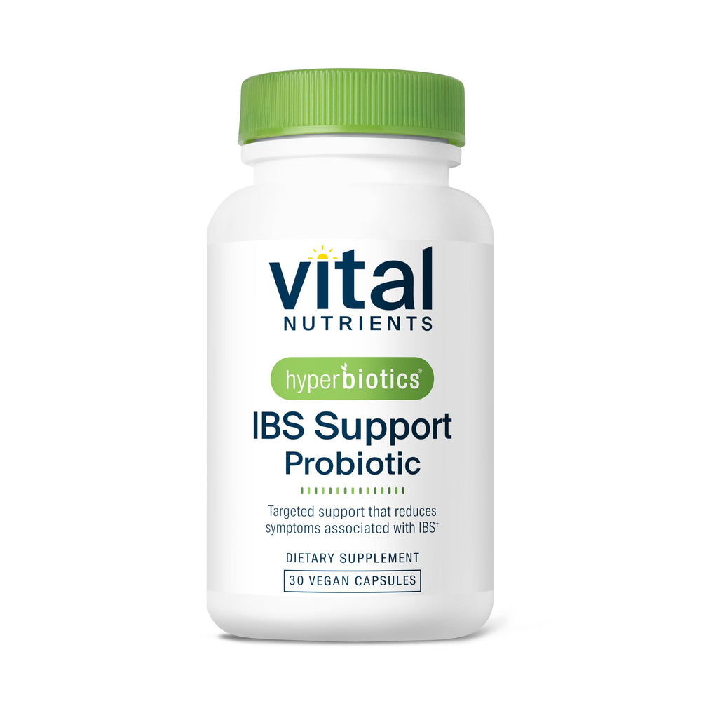 Hyperbiotics Vital Nutrients IBS Probiotic bottle for daily IBS support.
