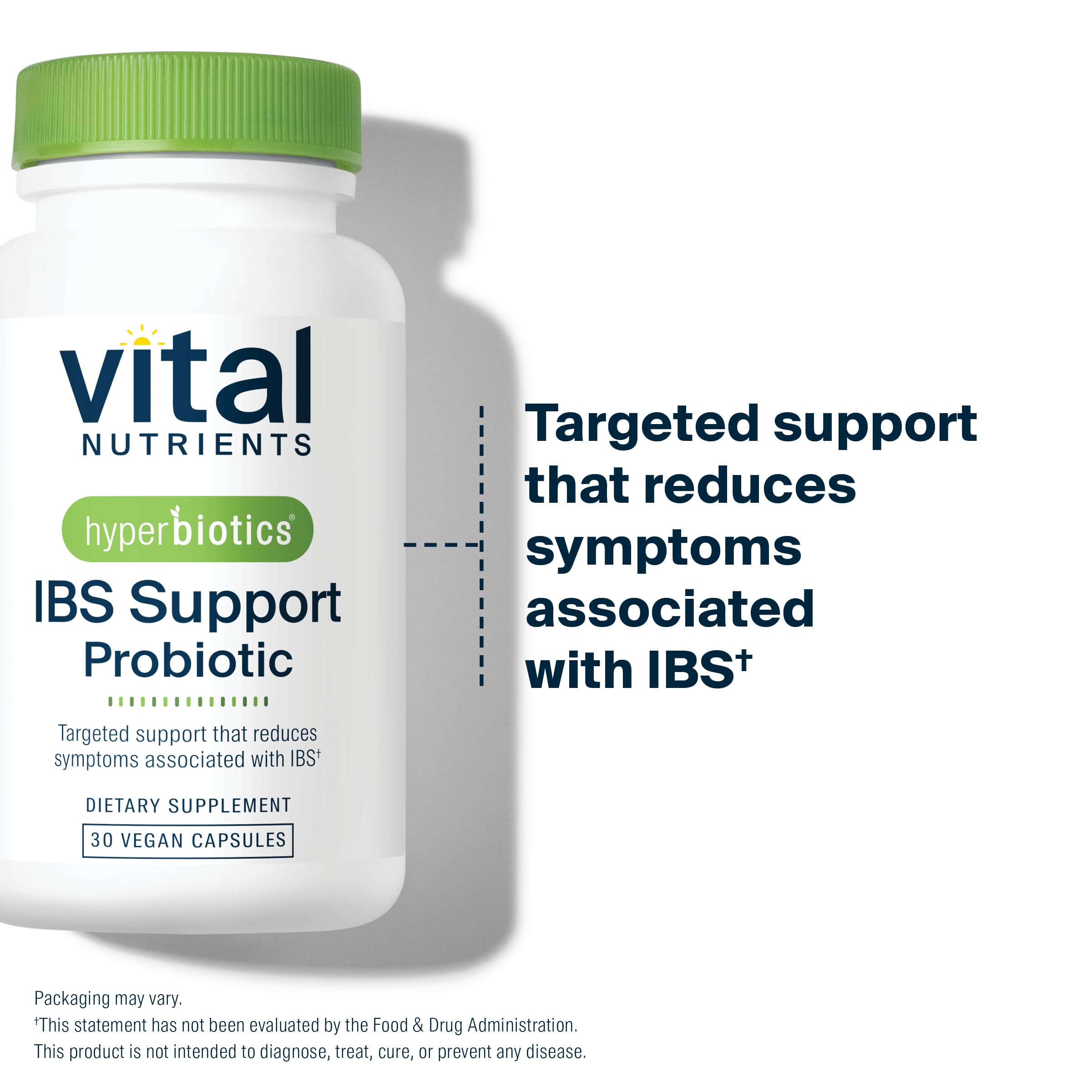 Hyperbiotics Vital Nutrients IBS Probiotic box showing vegan, clinically studied formula.