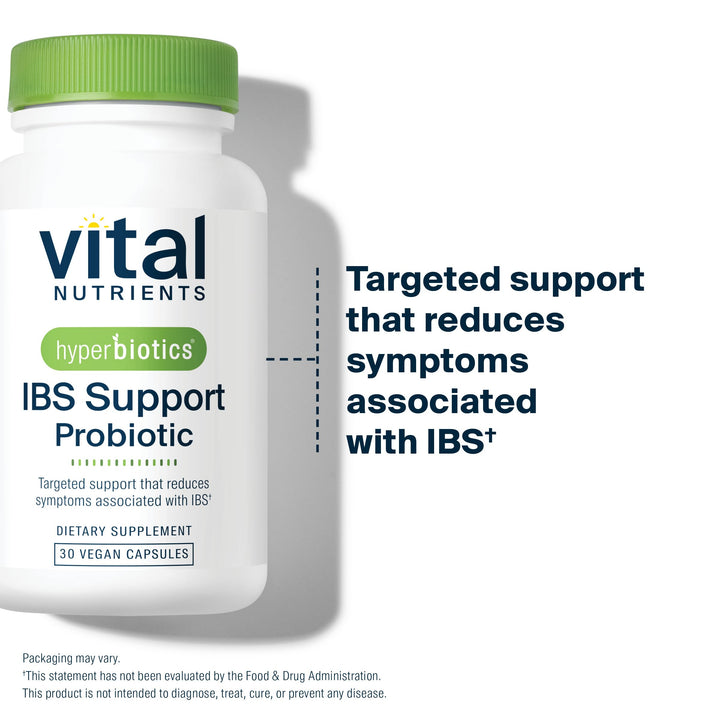 Hyperbiotics Vital Nutrients IBS Probiotic box showing vegan, clinically studied formula.