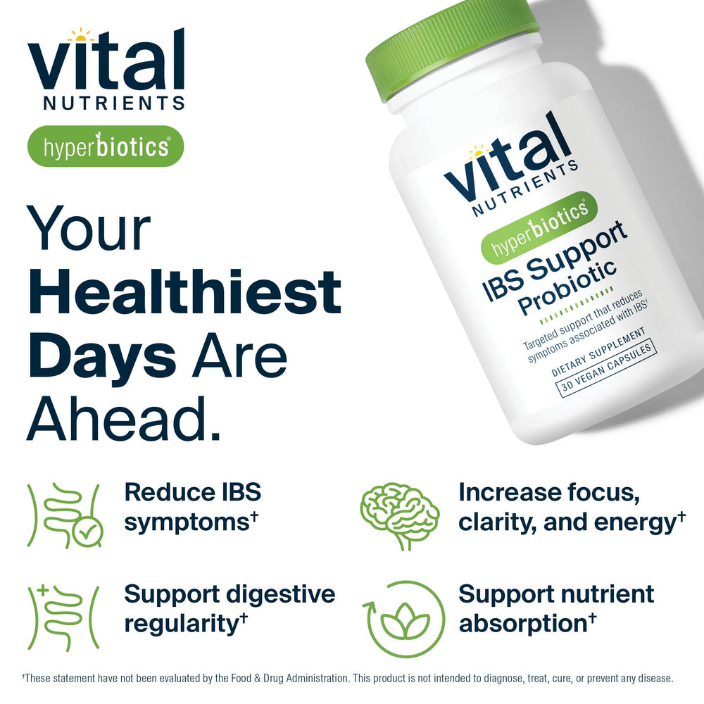 Hyperbiotics Vital Nutrients IBS Probiotic clinically studied strain supports abdominal comfort.