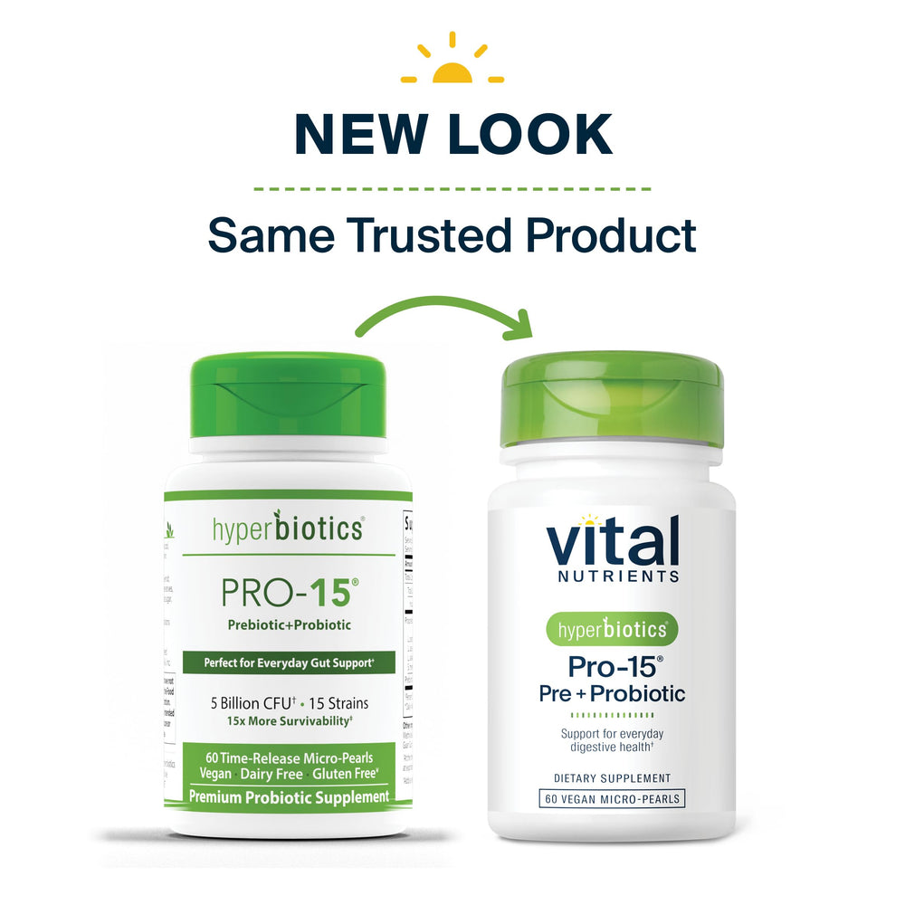 Non-GMO Hyperbiotics Vital Nutrients Pro-15 pearls packaging