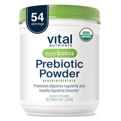 Hyperbiotics Vital Nutrients prebiotic powder tub with organic fiber blend for gut balance.