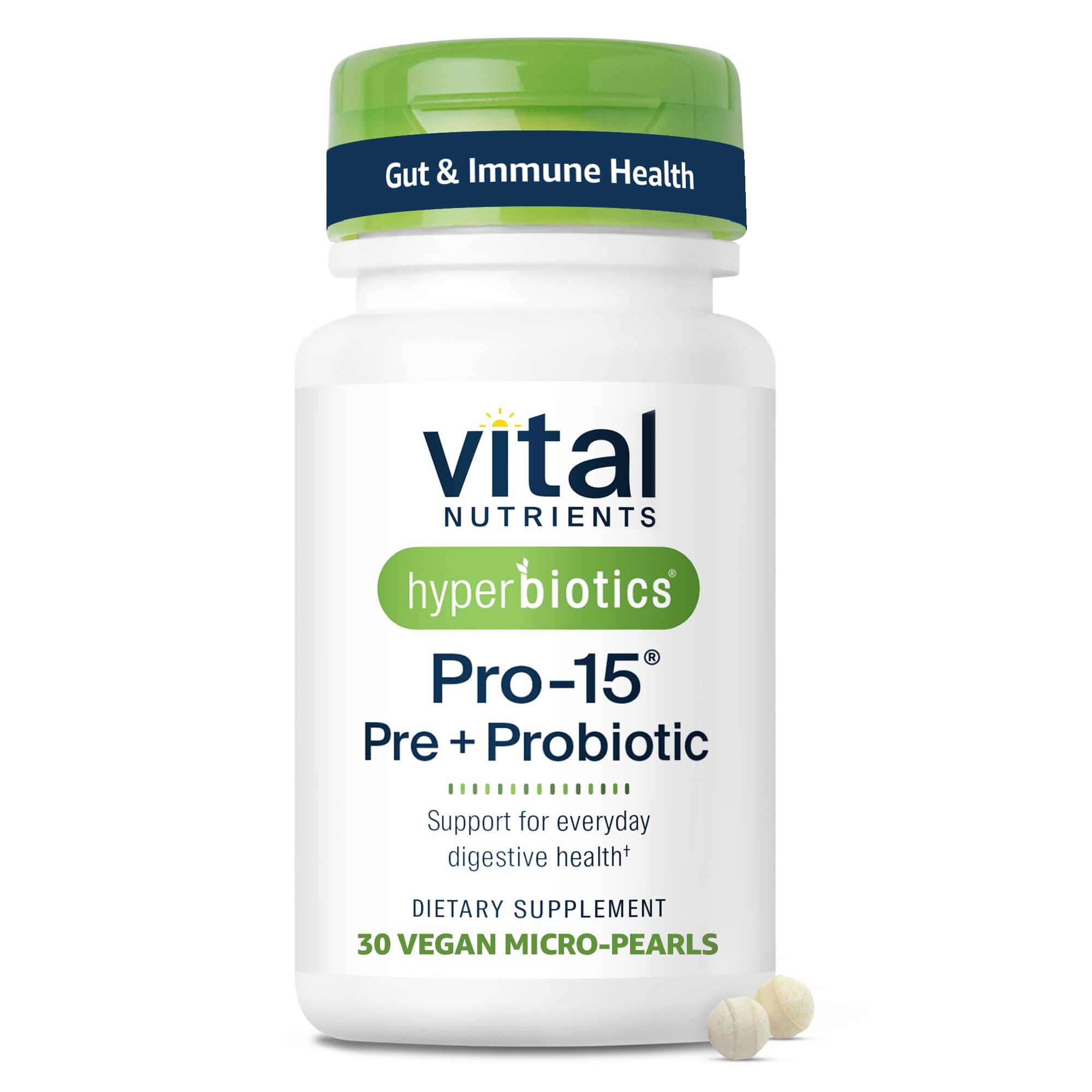 Hyperbiotics Vital Nutrients Pro-15 bottle front showing compact vegan pearls for daily gut support