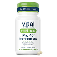 Hyperbiotics Vital Nutrients Pro-15 bottle front showing compact vegan pearls for daily gut support