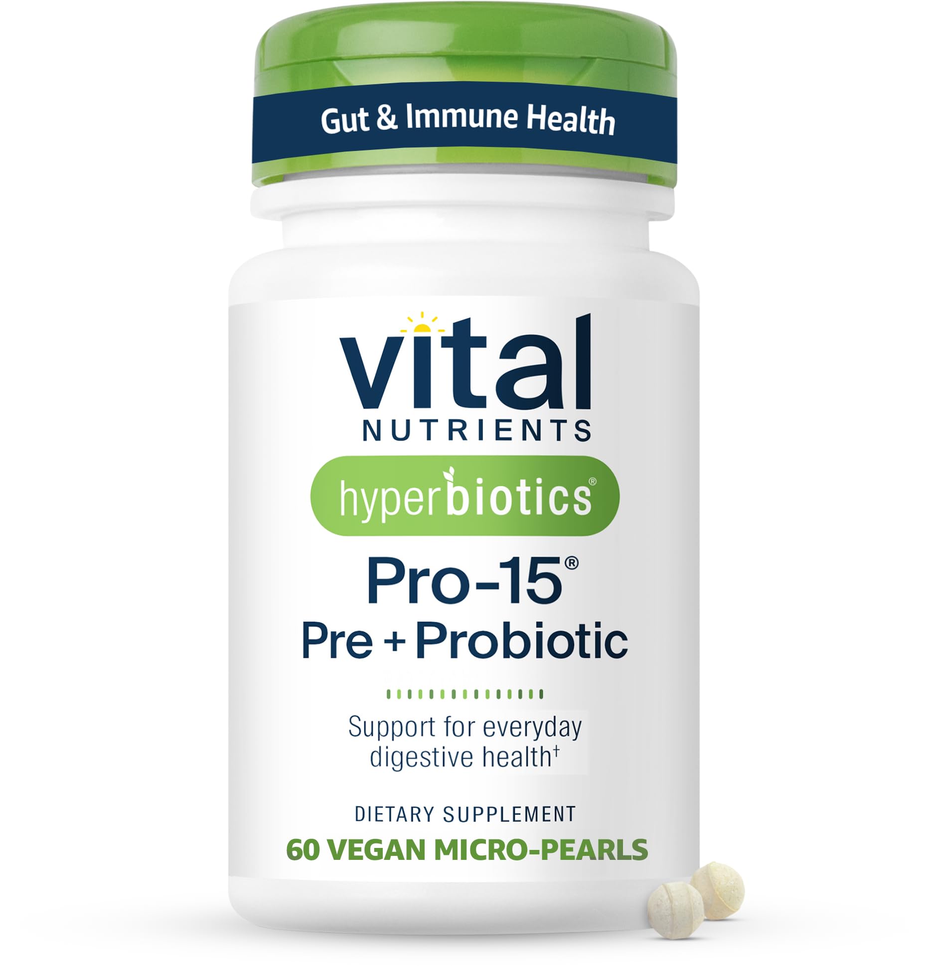 Hyperbiotics Vital Nutrients Pro-15 bottle with time-release pearls for daily gut support.