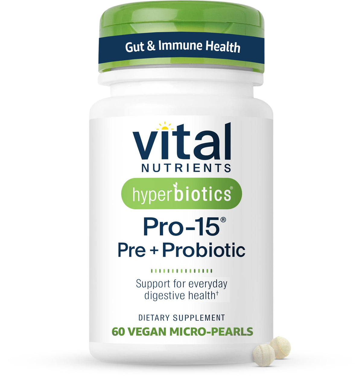 Hyperbiotics Vital Nutrients Pro-15 bottle with time-release pearls for daily gut support.