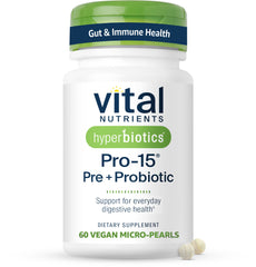 Hyperbiotics Vital Nutrients Pro-15 bottle with time-release pearls for daily gut support.