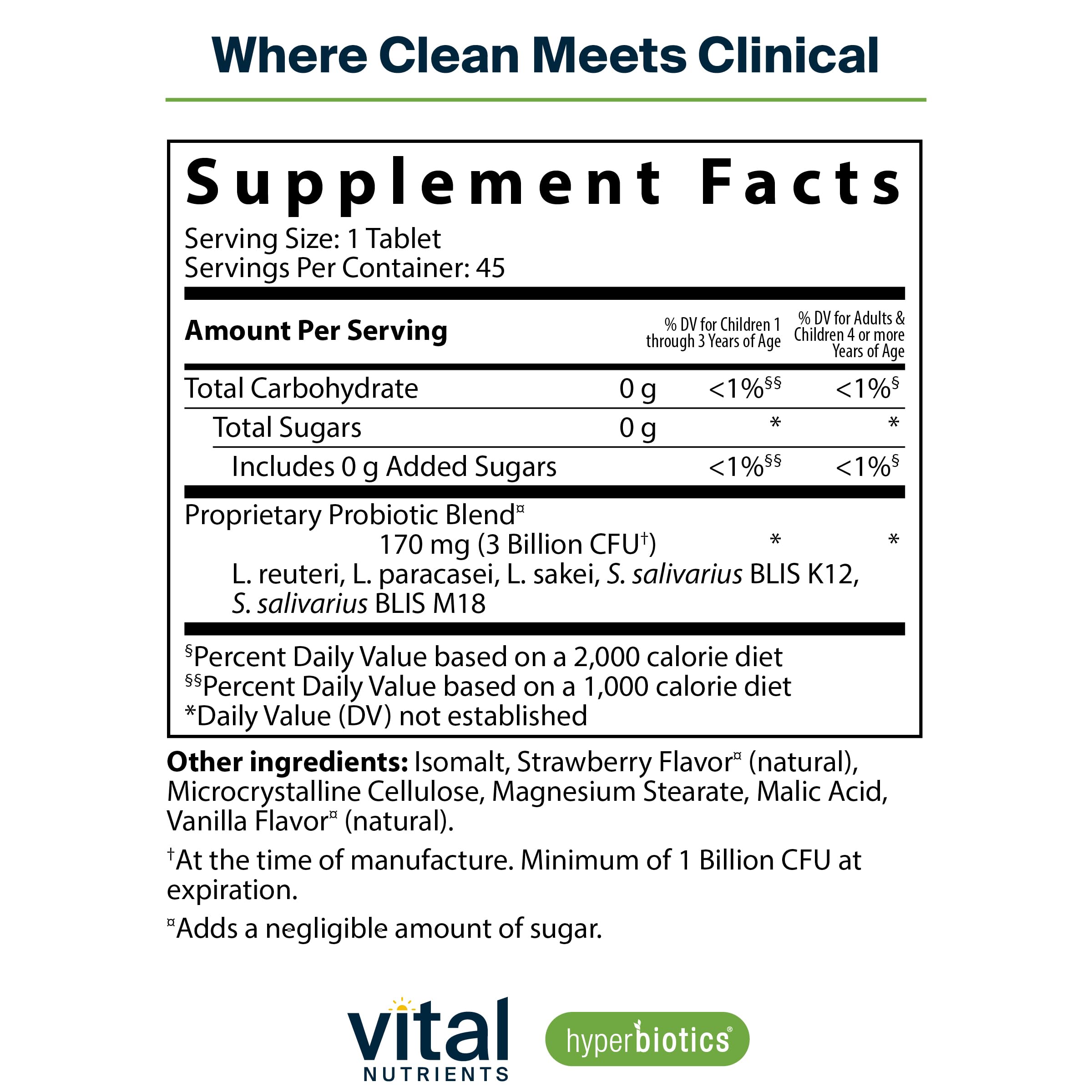 Hyperbiotics Vital Nutrients Pro Kids chewable tablets close-up highlighting sugar-free option