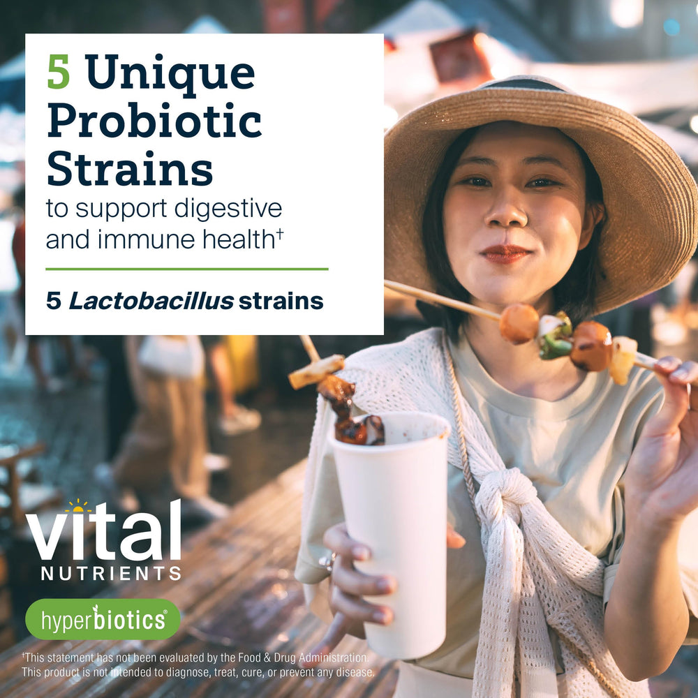 Hyperbiotics Vital Nutrients vegan capsules on white background.