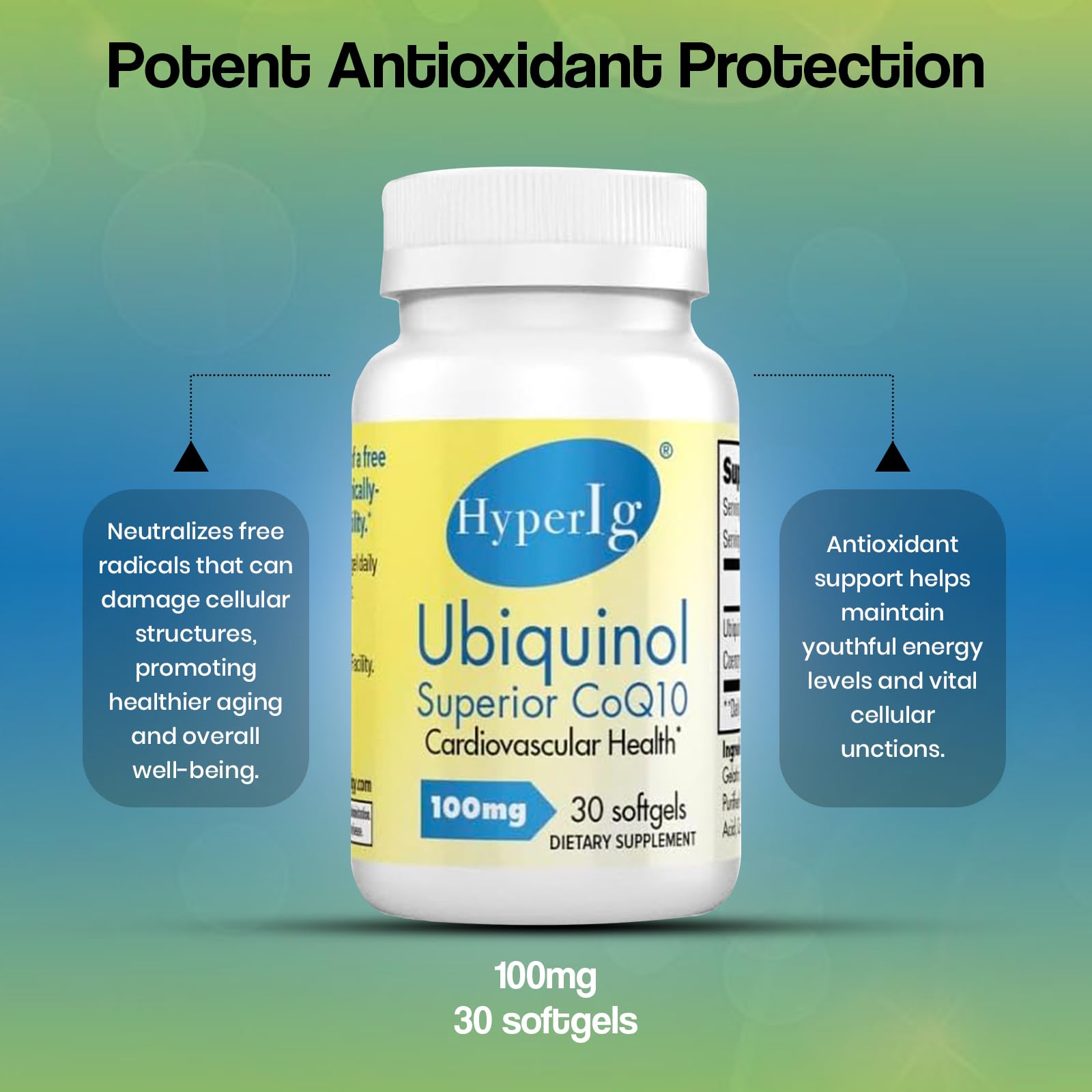 HyperIg Ubiquinol CoQ10 softgels for fast absorption and daily vitality.