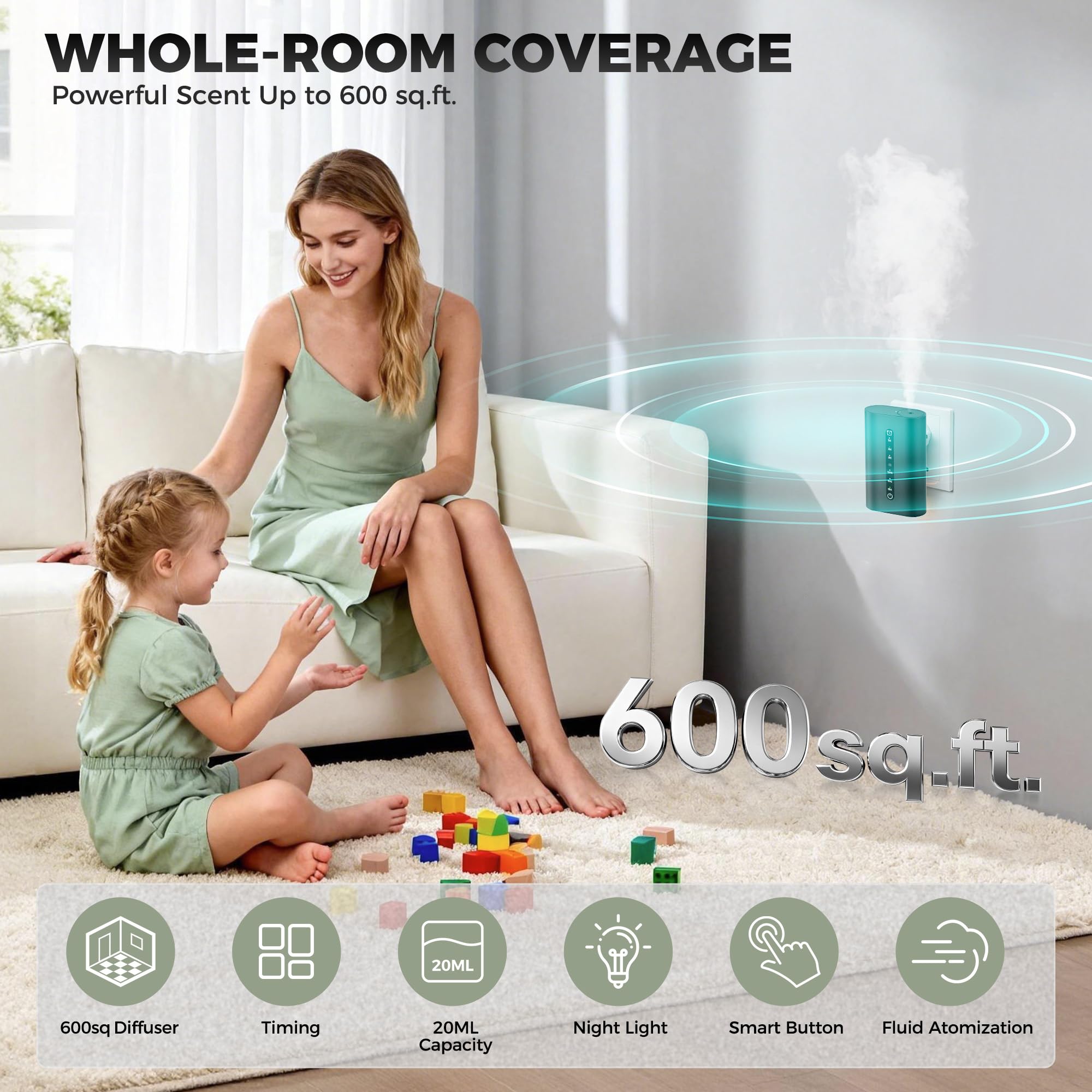 HZQVA Smart Plug-in Scent Diffuser Set plugged into outlet demonstrates simple, continuous fragrance.