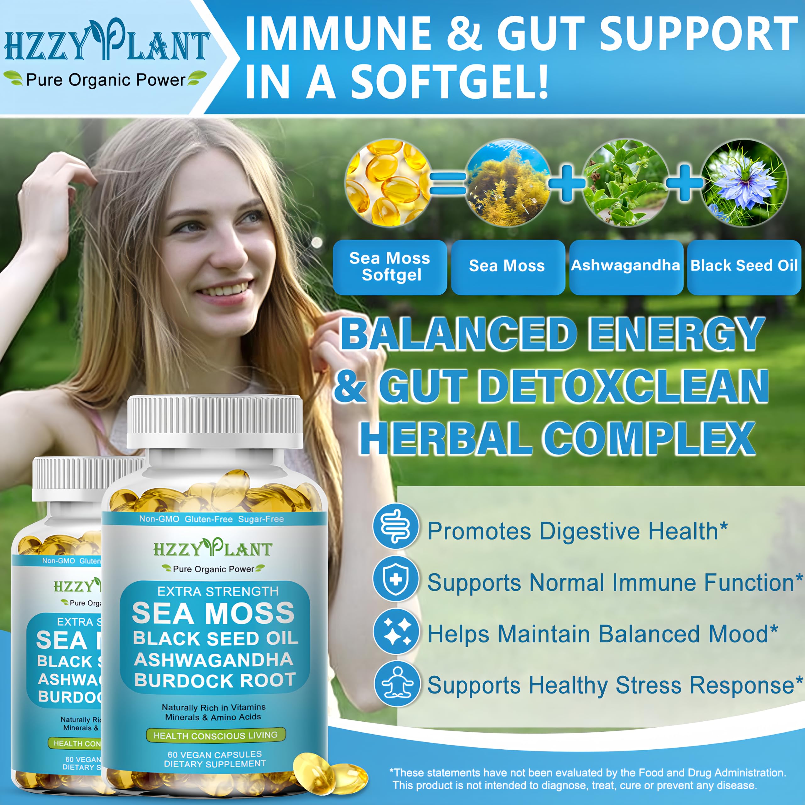 HZZYPLANT Black Seed Oil Ashwagandha bottle highlights immune-support and calm energy.
