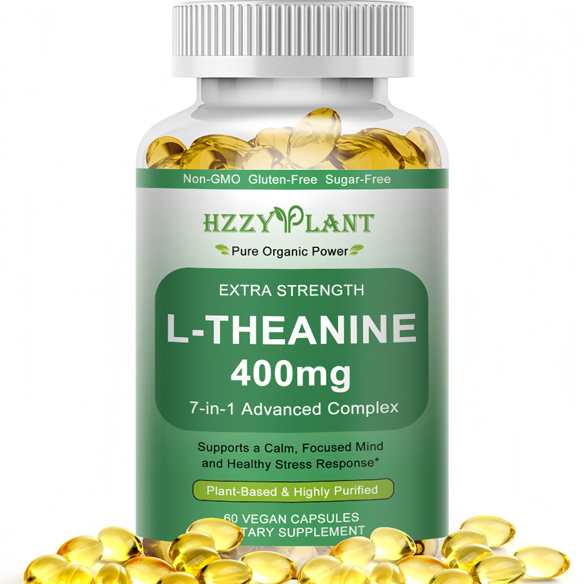HZZYPLANT L-Theanine softgels bottle for calm focus and daily balance.