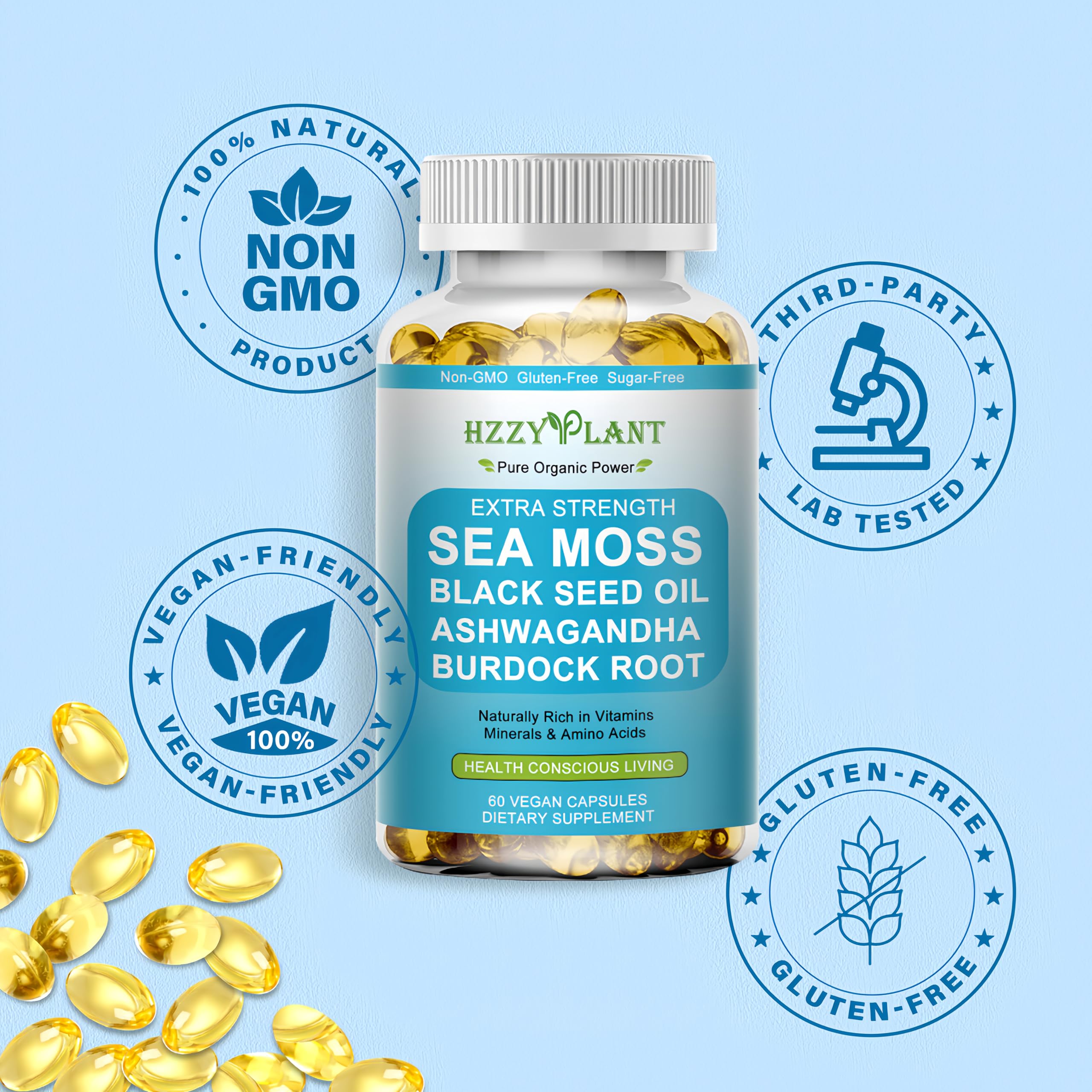 HZZYPLANT Natural ingredients label with wildcrafted sea moss and oil.