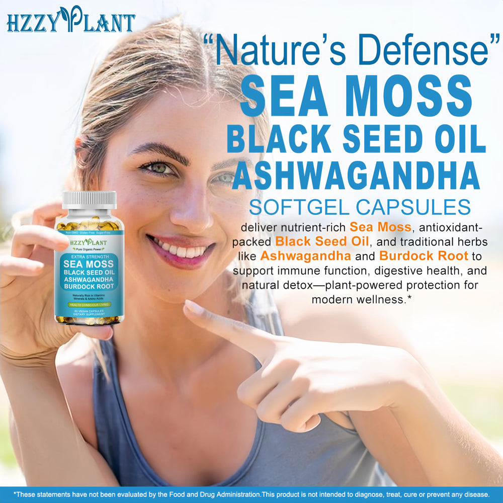 HZZYPLANT Packaging and logo showing clean-label sea moss supplement.