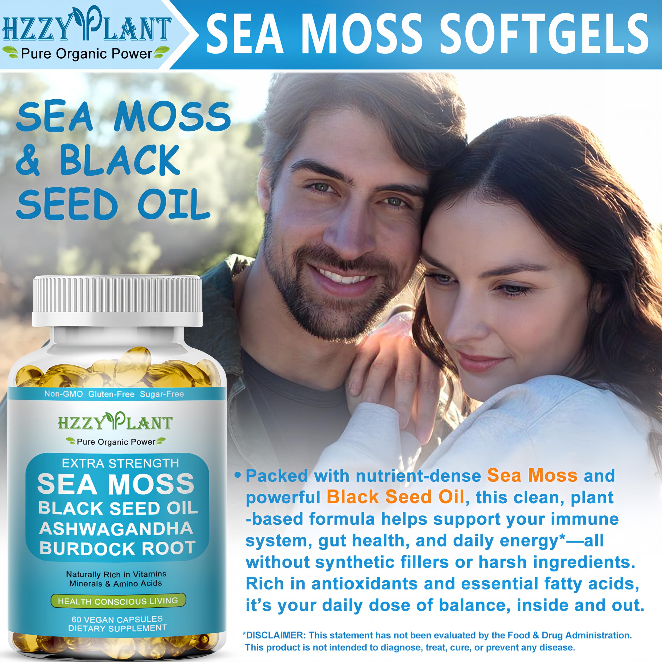 HZZYPLANT Sea Moss Softgels liquid-core closeup suggests fast absorption.