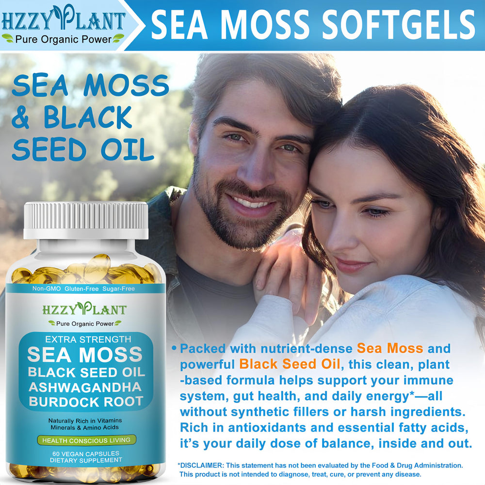HZZYPLANT Sea Moss Softgels liquid-core closeup suggests fast absorption.