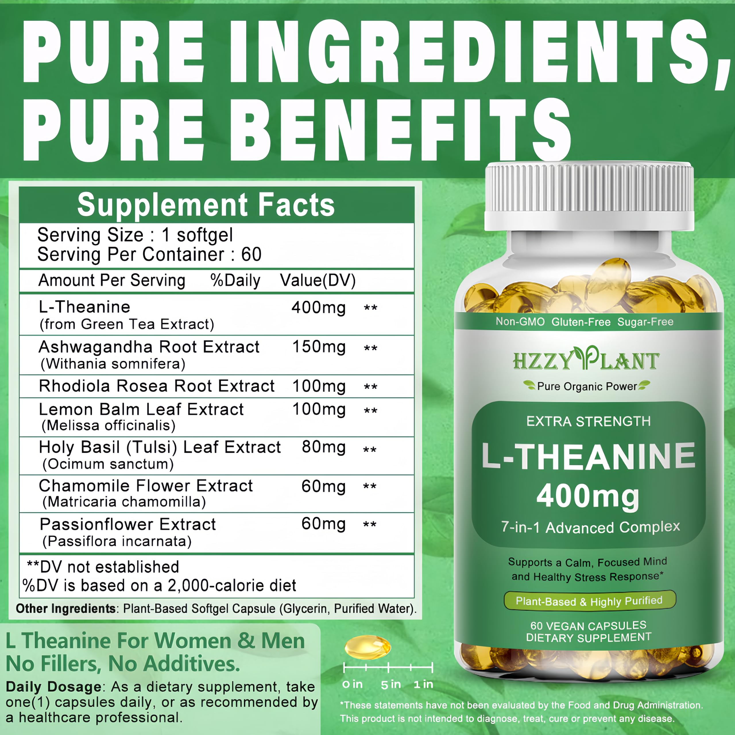 HZZYPLANT vegan L-Theanine softgels in a plant-based wellness routine.