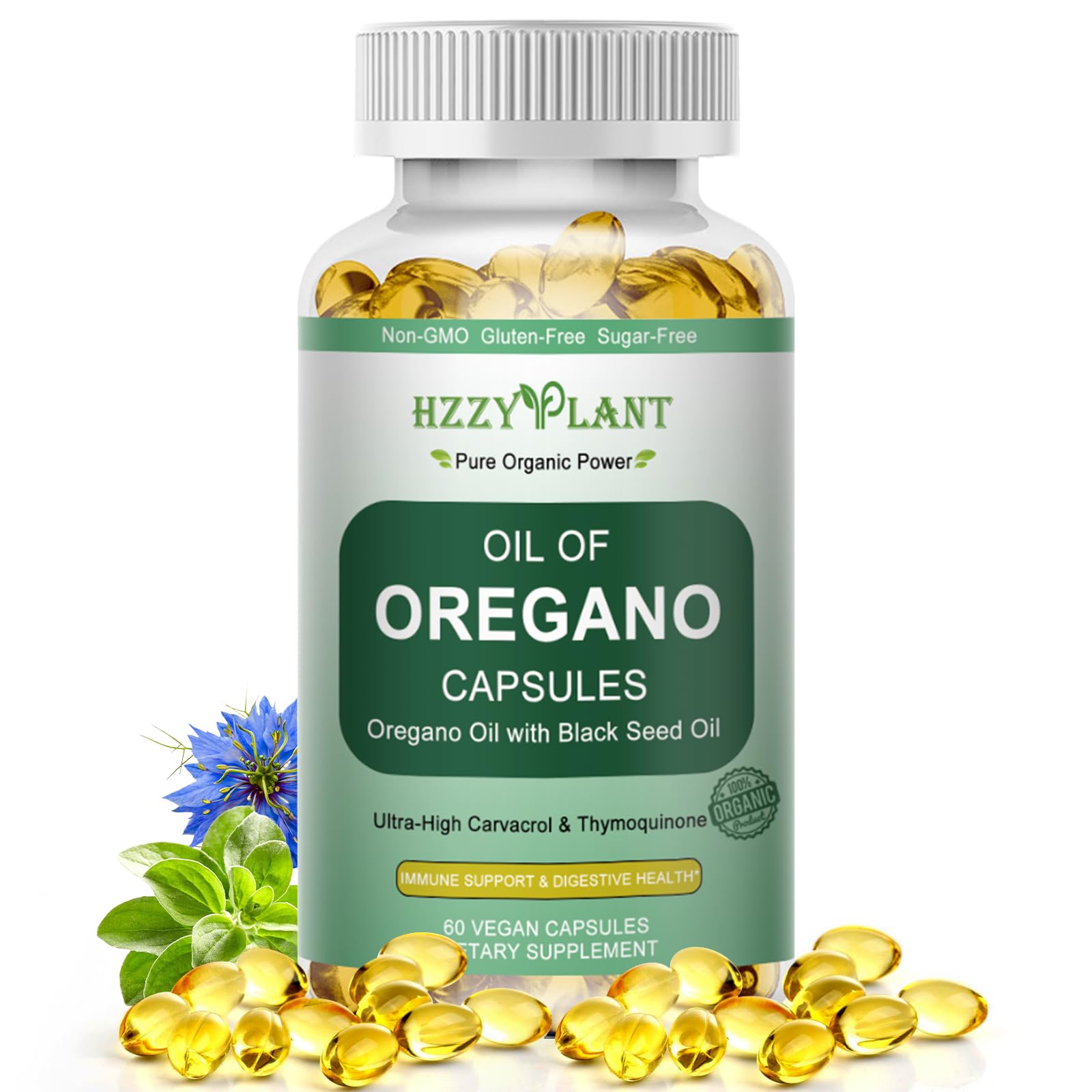 HZZYPLANT Oil of Oregano with Black Seed Softgel bottle pour for easy daily use and dosing