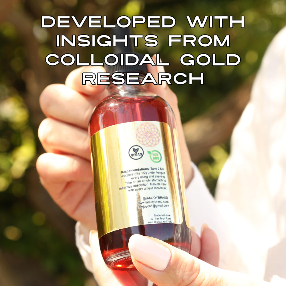 I Am Joy co. 100ppm gold nanoparticles detail emphasizes precise concentration.