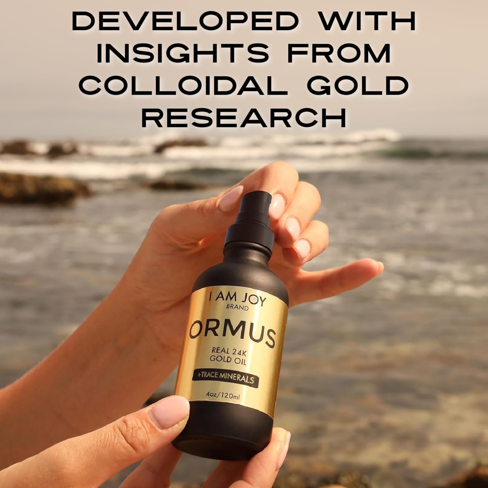 I Am Joy Co Ormus Gold Oil label detail emphasizing purity and premium ingredients