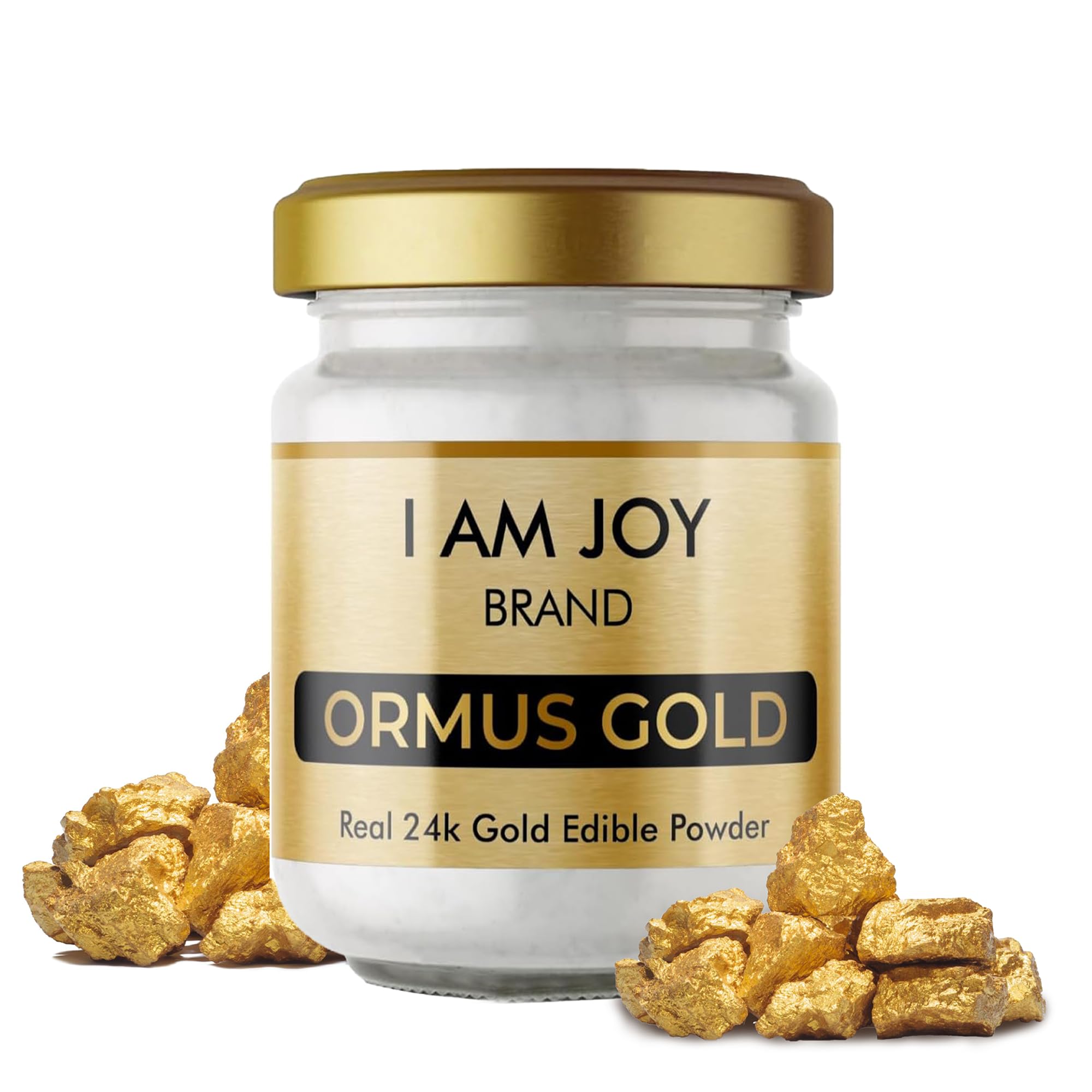 I Am Joy Co. Pure Ormus White Gold powder front label, premium 24k blend.
