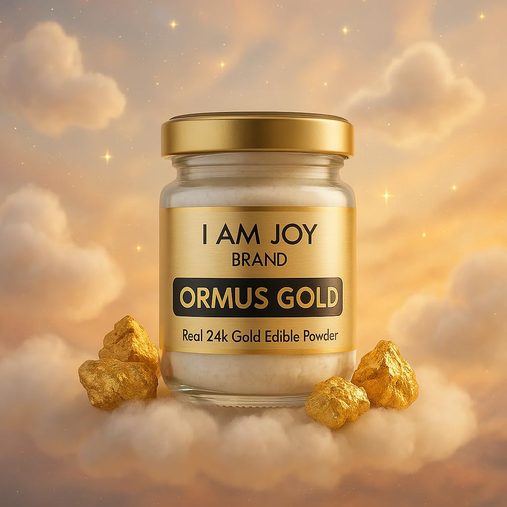 I Am Joy Co. Pure Ormus White Gold powder jar on white background highlighting texture.