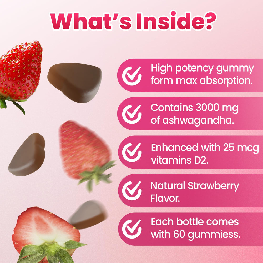 I LOVE HEALTH Ashwagandha gummies label highlights 3000mg extract strength for stress support.