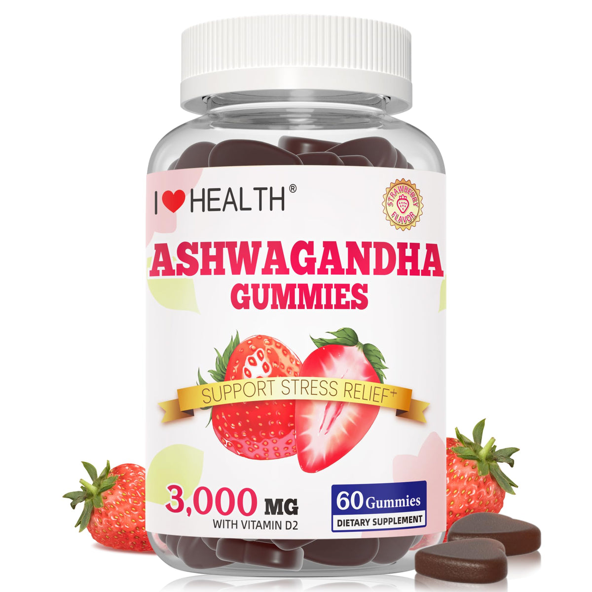 I LOVE HEALTH Ashwagandha gummies strawberry bottle for daily stress support.