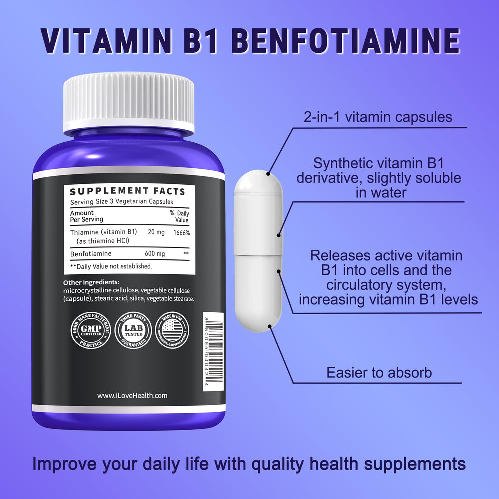 I Love Health benfotiamine 600mg capsules close-up highlights capsule integrity for easy daily use.