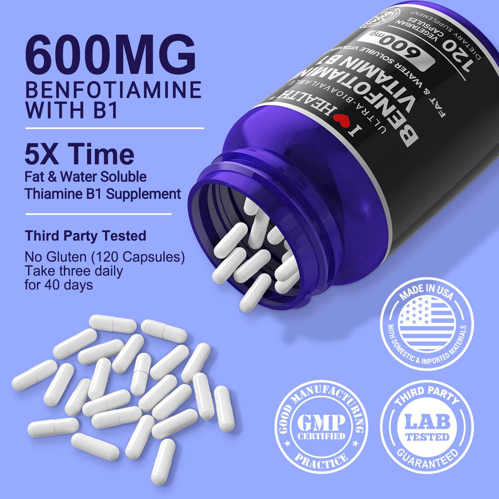 I Love Health benfotiamine 600mg label displays ingredients and quality indicators.