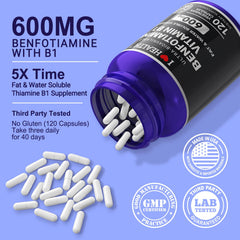 I Love Health benfotiamine 600mg label displays ingredients and quality indicators.