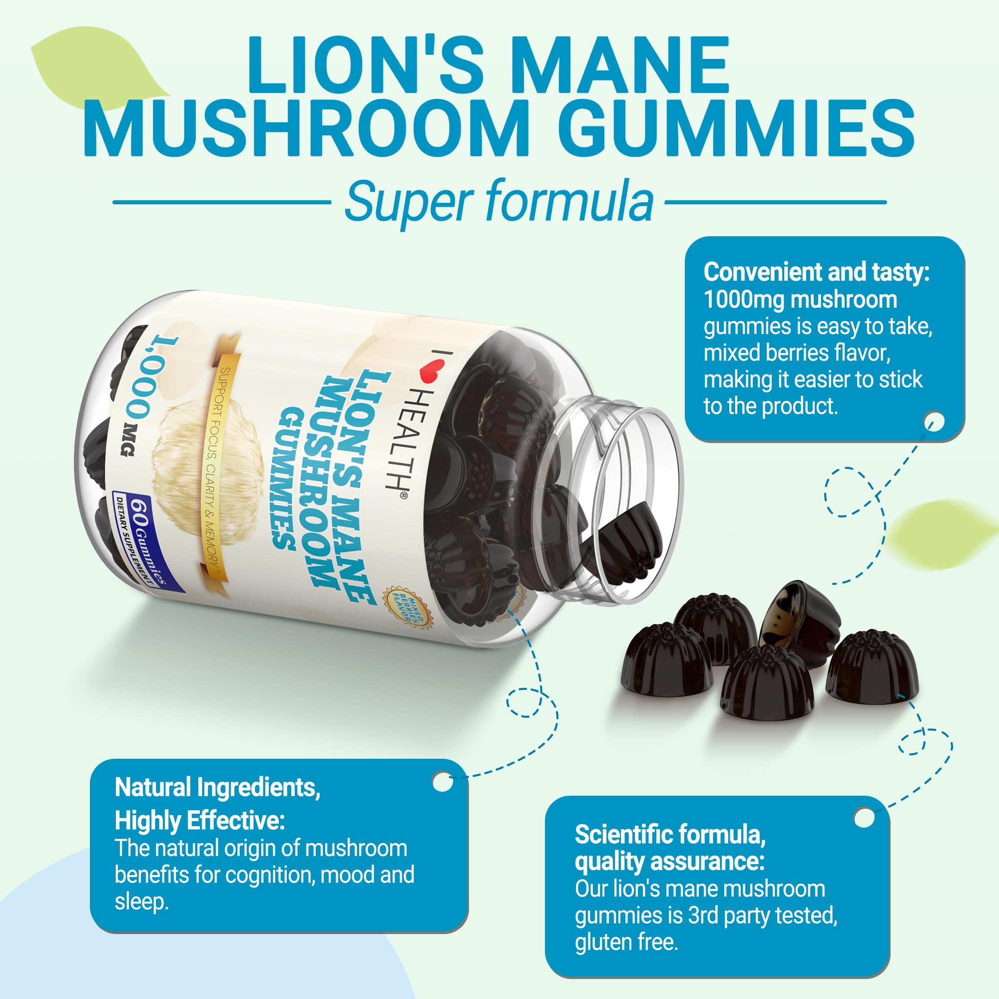 I LOVE HEALTH Lion's Mane label close-up highlighting ingredients and dosage