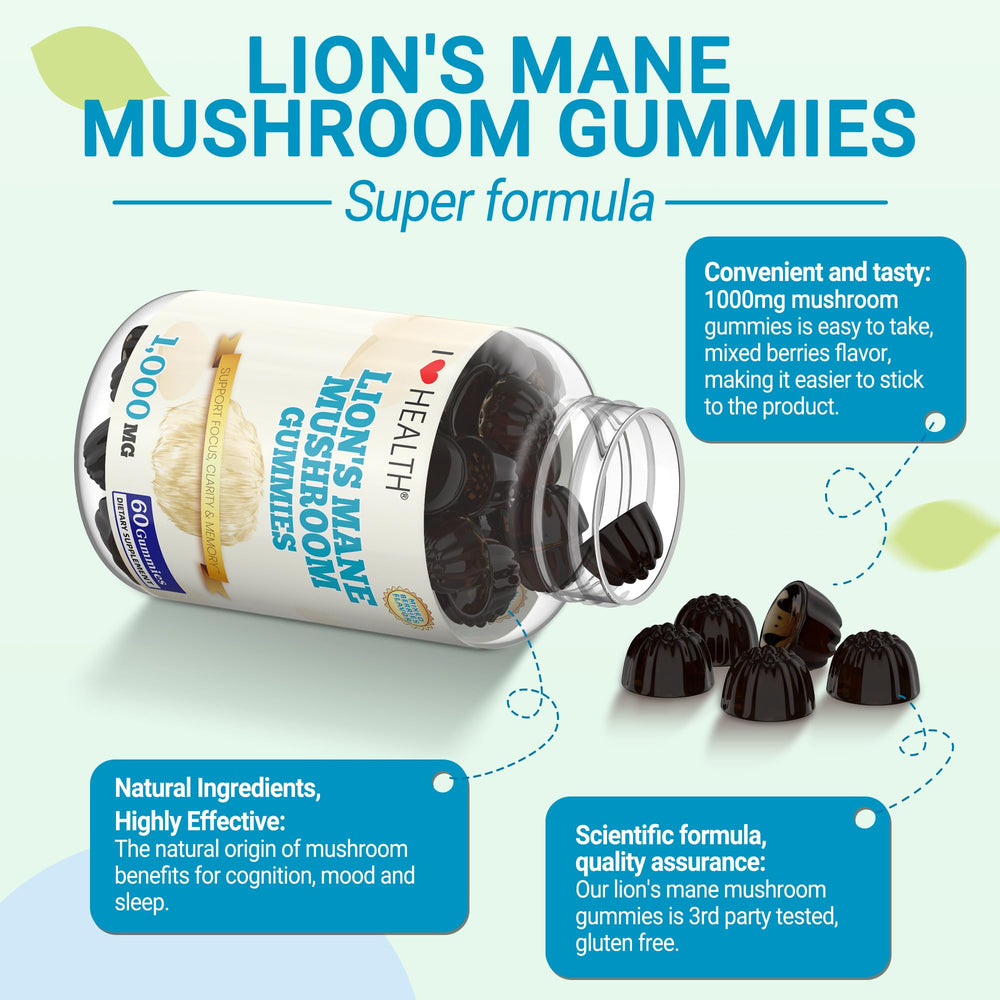 I LOVE HEALTH Lion's Mane label close-up highlighting ingredients and dosage